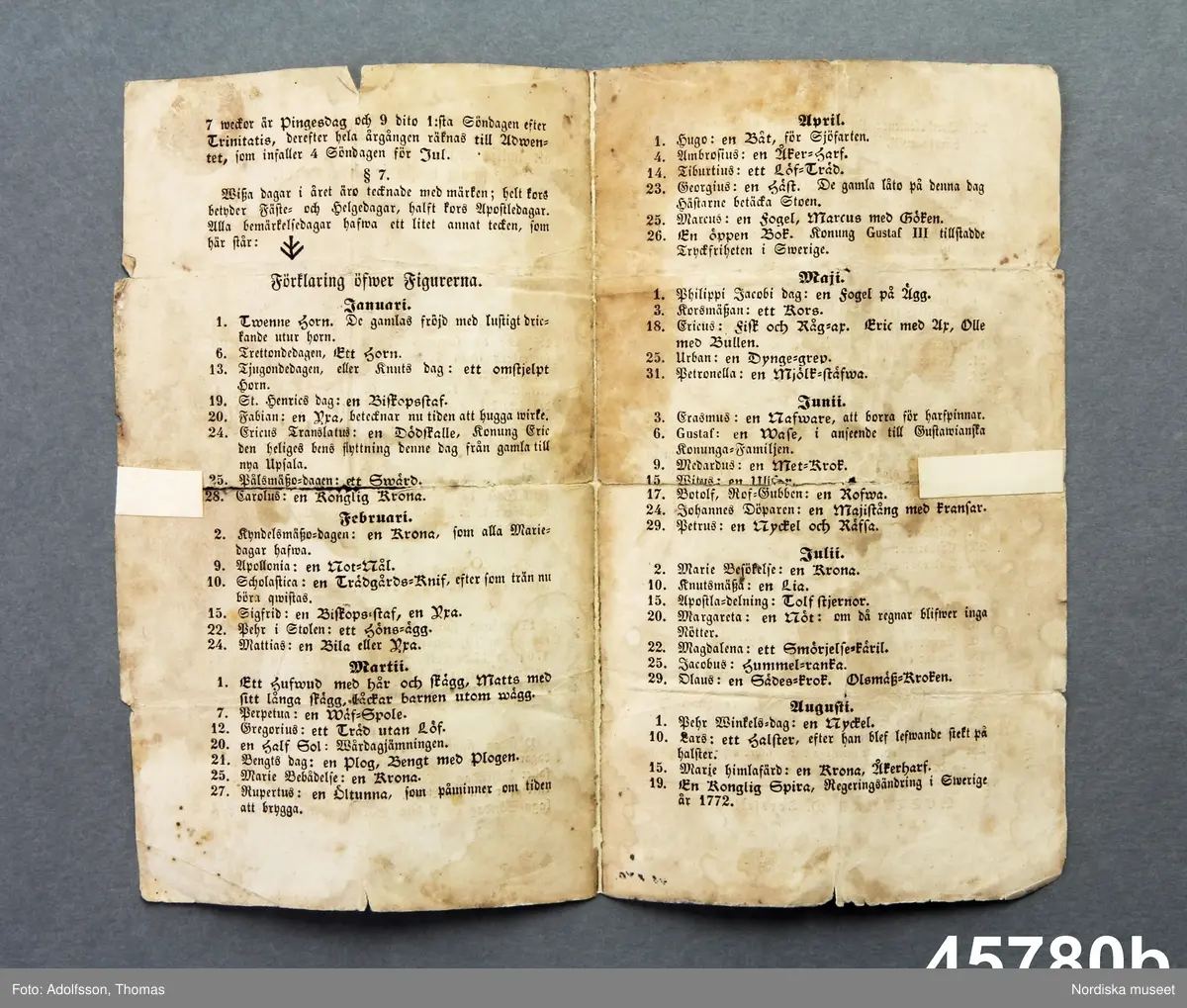 b) Instruktionsblad. Tryckt, frakturstil, 4 sidor (2 blad). några lagningar (trol. gjorda i museet). Titel: "Beskrivfning att nyttja den förswenskade runstafwn såsom beständig almanack. Utgifwen af C.N" (C. Norman). Innehåller beskrivning hur de försvenskade runstavarna skall tydas. Tryckt i Västerås av D. Torshell 1857.
/Leif Wallin 2011-12-02