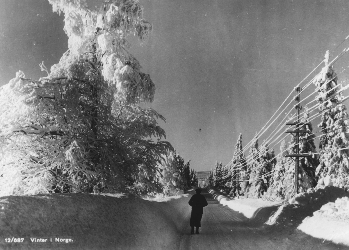 Avfotografert postkort. En person spaserer langs en vei i en snøkledd skog.