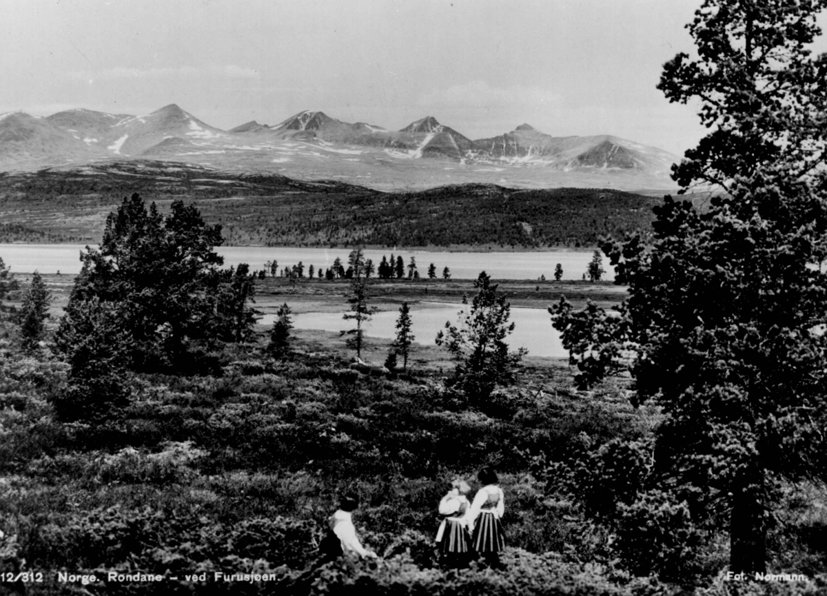 Avfotografert postkort. Tre kvinner i rondastakk ved Furusjøen. I bakgrunnen sees Rondane.