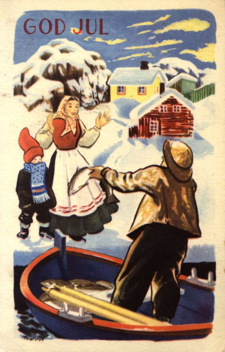 Julekort. Jule- og nyttårshilsen. Vintermotiv. En fisker kommer i land med juletorsken. Kone og barn tar imot på brygga. llustrert av Thorsrud. Stemplet 20.12.1946.