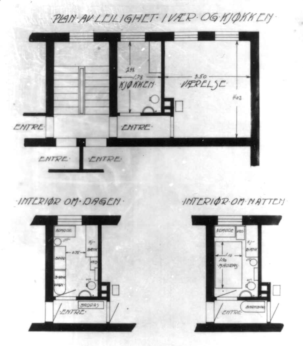 Grunnriss av 1-roms leilighet med møbleringsplan for natt og dag. Del av serie tekstet  "Noen grunnriss til å få forståelse av".
Fra boliginspektør Nanna Brochs boligundersøkelser i Oslo 1920-årene.