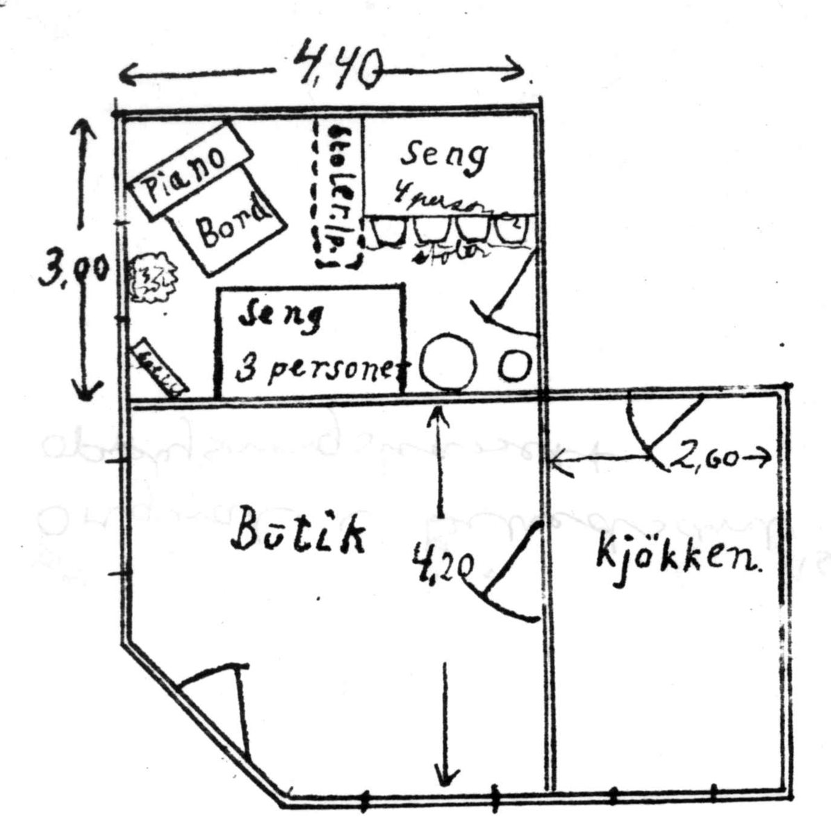 Grunnriss av leilighet med butikklokale og oppgitt møbleringsplan. Ant. fra Grønlandsstrøket, Oslo.
Fra boliginspektør Nanna Brochs boligundersøkelser i Oslo 1920-årene.