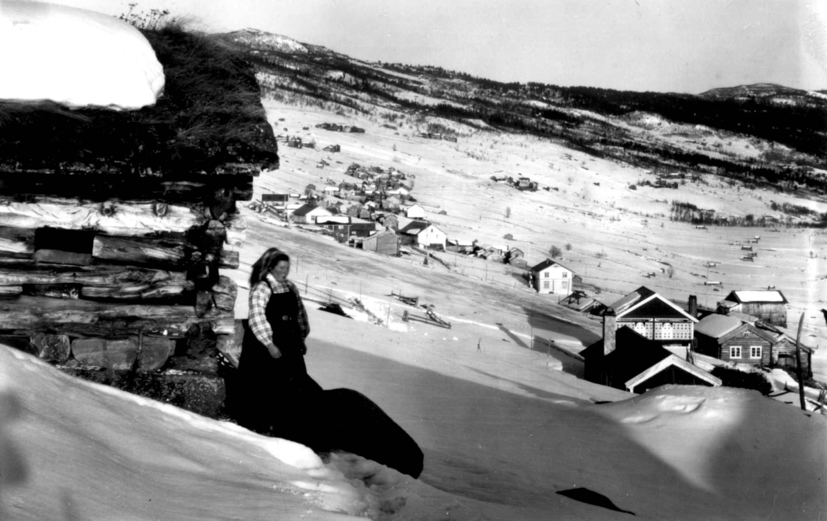 Kvinnedrakt fra Leveld, Hallindal. Vintermotiv. 
Kvinne står foran et lite tømmerhus. Bygda med gårder, skog og fjell ses i bakgrunnen.