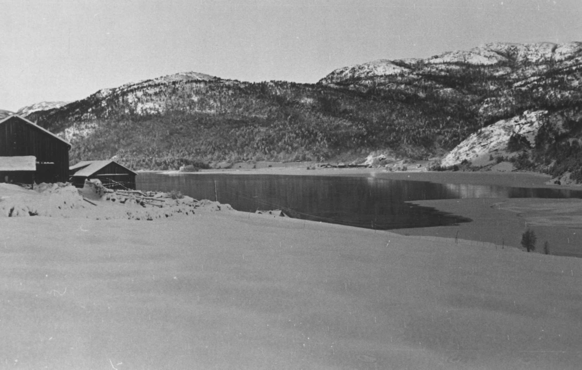 Utsikt over Lognavatn fra Austegard mot Åkenes. Bygninger i forgrunnen.  Åseral, Vest-Agder 1943. 