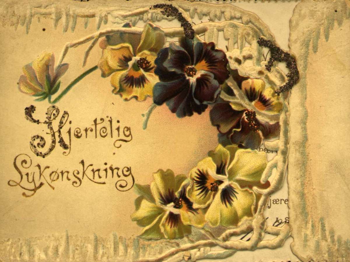 Postkort, Bursdagshilsen. Blomsterkrans med fioler. Datert 31.01.1897.