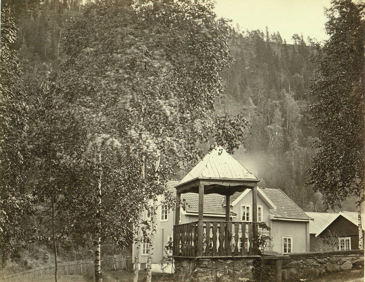 Ant. Homledal skyssstasjon, Hole, Buskerud, med bebyggelse. Paviljong i forgrunnen foran hovedbygning.
Fra serie norske landskapsfotografier tatt av den engelske fotografen Henry Rosling (1828-1911).