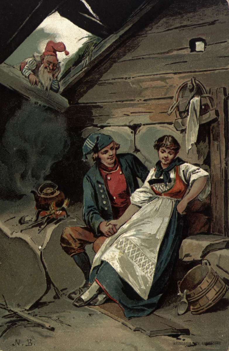 Postkort. Jule- og nyttårshilsen.Tømmerstue. Et par i folkedrakt sitter ved grua. En nisse kikker inn gjennom en åpning i taket. Illustrert av Nils Bergslien (1853-1928). Datert 24.12.1898.
