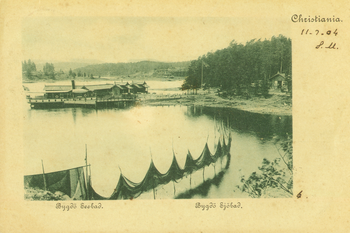 Postkort, fiskegarn og båter ved Bygdøy sjøbad.
Påskrift 11.2.1904