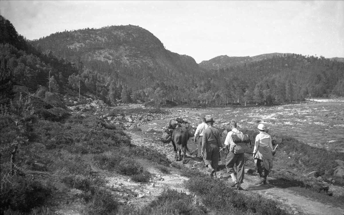 Familien Arentz og familen Gunderson på veien langs Holmstølvatnet på vei til Homstøl med kløvhest. Fotografert 1934.