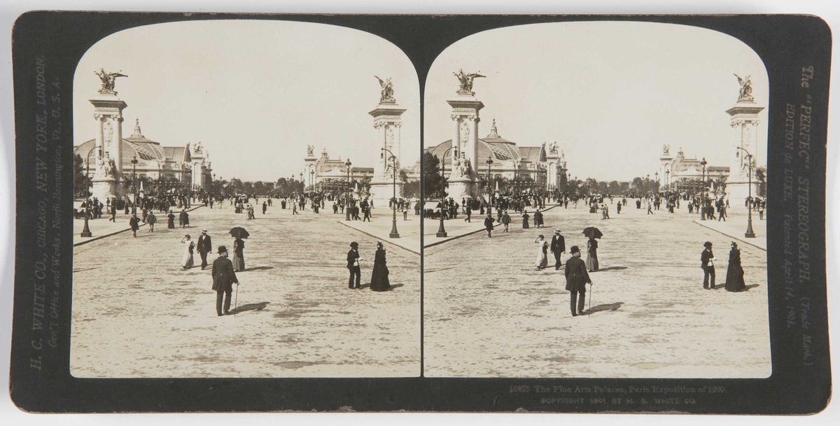 Stereoskopi. Les Palais des Beaux-Arts. Folk på utstilling i Paris, Frankrike, 1900.