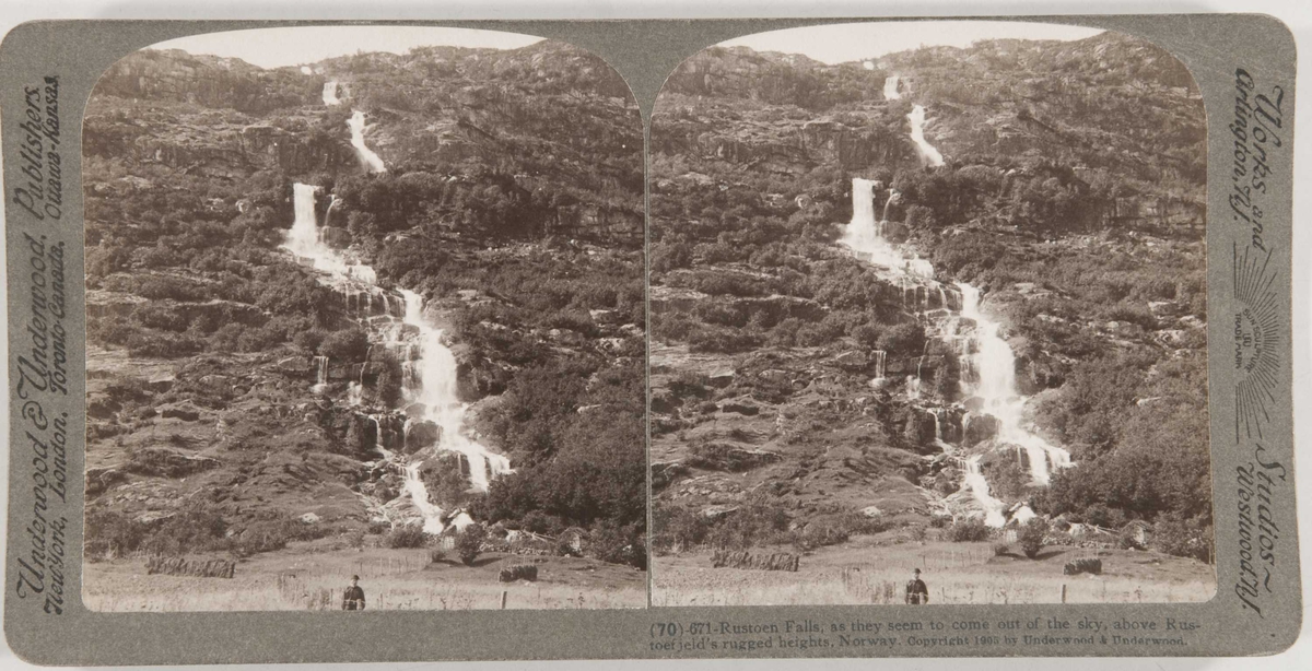 Stereoskopi. Mann i bunnen av fossefall ved (Rustøen?) Olden, Stryn, Sogn og Fjordane.