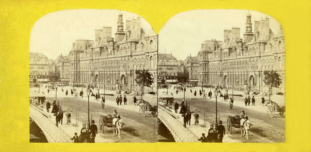Stereoskopi. Bygate med rådhus, bro  og hestetransport. Hotel de Ville, Paris, Frankrike.