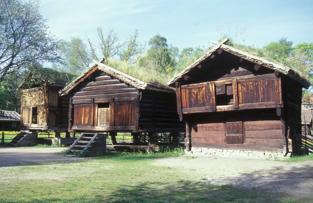 Fra Hallingdalstunet på Norsk Folkemuseum.Til høyre geitehus fra Halvorsgard, Hol 1700 årene, bygning nummer 116, og i midten Bur fra Trøym, Hemsedal ca 1650-1700, bygning nr. 117, og helt til venste loft fra Holshagen, Hol ca 1650, bygning nummer 118.