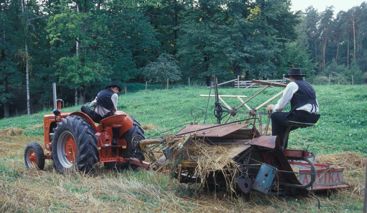 Matdagen 2002 på Norsk Folkemuseum.
Verter i drakt på skurdonn i havreåkeren i friluftsmuseet, med bruk av gammeldags selvbinder og traktor.