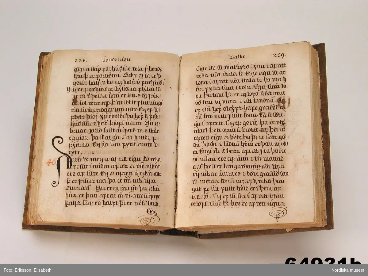 Huvudliggaren:
"Handskrift fr. Island.
a) Den gamla Jonboken (lagbok), afskrifven i Pikk(u)aboe [se huvudliggaren] 1622, uppgift af R.A [Rolf Arpi]; med målade initialer m.m.. Ej inb. Kvarto (storlek) Innehåller 130 blad.  Mycket söndrig, början och slutet saknas.
b) samma bok, afskrift, inb. i skinnklädda pärmar; kvarto [storlek], Innehåller 222 blad, hvaraf 4 blanka. Några blad söndriga och lagade i kanten. 
c) Eyrbyggia redur Förnesinga Saga, inb. i rödaktigt pergament; folio. innehåller 114 blad, hvaraf 2 blanka. Slutet saknas.
Ink. af prästen Helgi Sugurdsson i Akranes, Island, jämte 64.928-65.103 [...] ank. 27/1 1888. Bil. 34.1889."