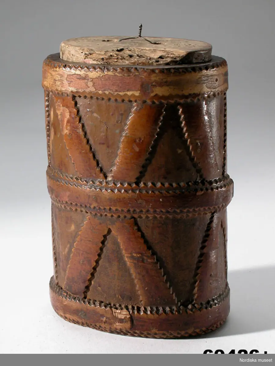 Huvudliggaren:
"Kaffedosa fr. Jukkasjärvi sn, Torne lappmark. Från Svappavaara.  Ink. af jägmästaren Hugo Samzelius. 1891. Bil. Samzelius 128."