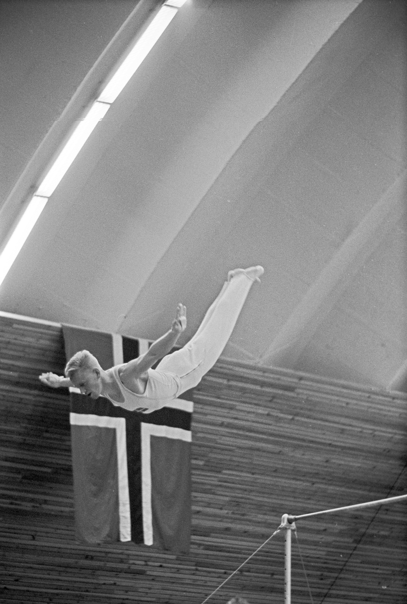Serie. Nordisk Mesterskap i turn for herrer i Njårdhallen i Oslo, herrer i bøylehest og svingstang. Fotografert desember 1961.