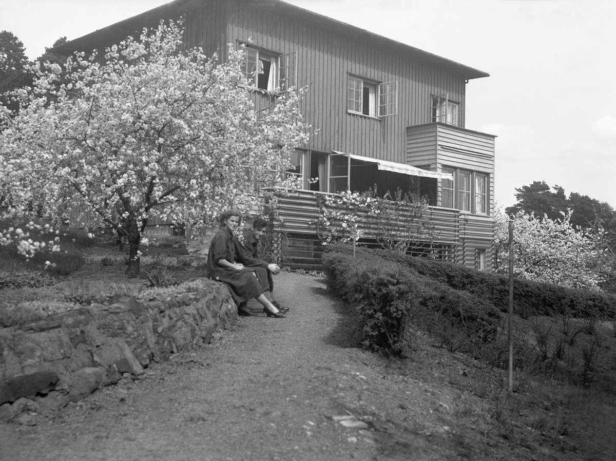 En kvinne og en mann sitter på et steingjerde foran eneboligen i P.T. Mallingsvei 4, Oslo.Trærne står i full blomst.