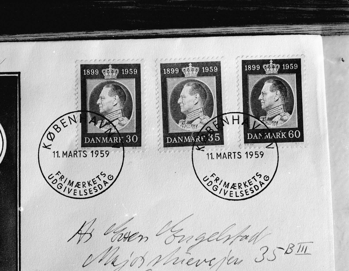 Brev med frimerker, motiv Kong Fredrik av Danmark. 1959.