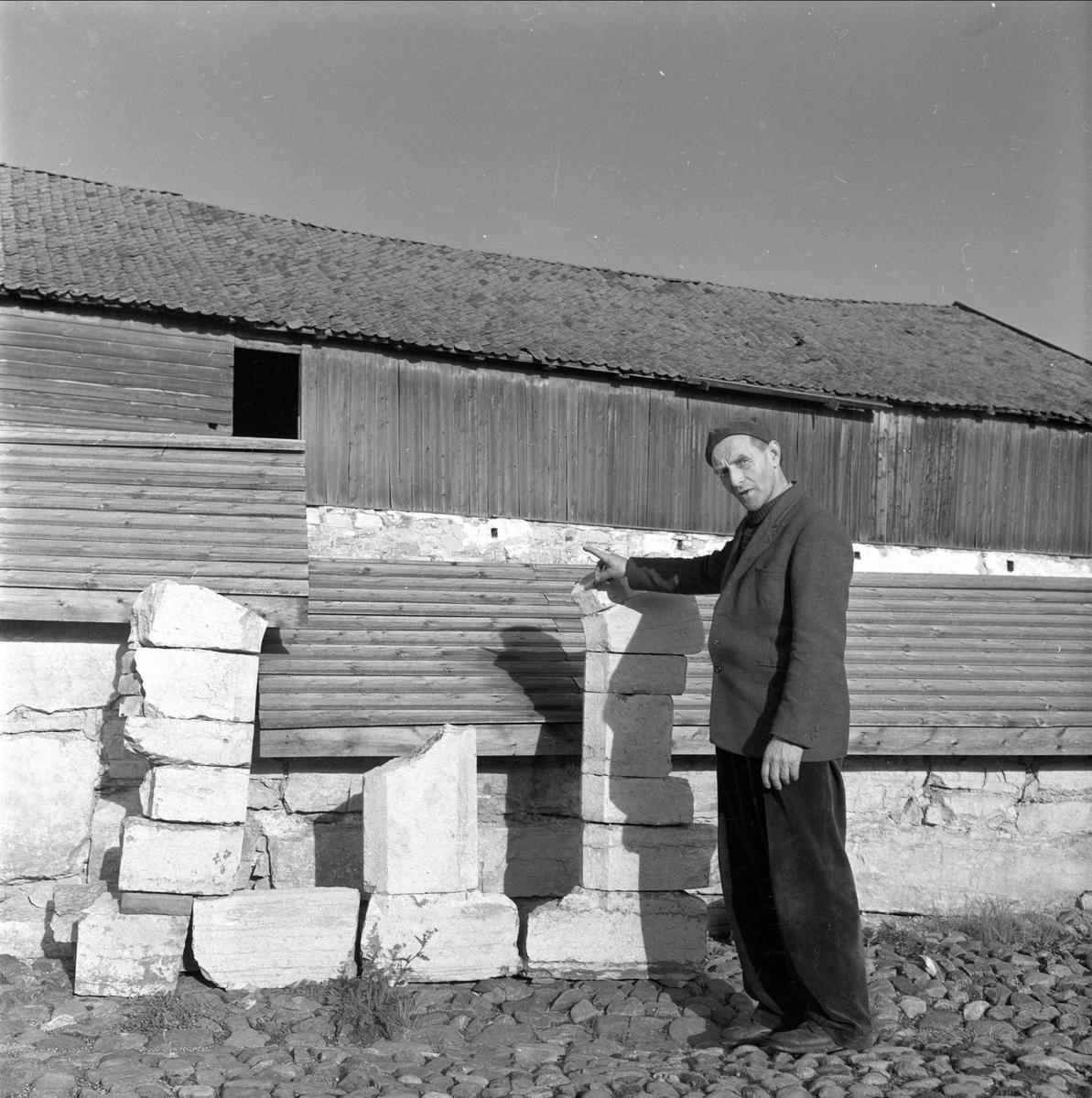 Domkirkeodden, Hamar, 22.10.1957. Mann viser fram hogde steinrester fra bispegårdsutgravingen. Murkronene er dekket med midlertidig tak. Bak ligger Storhamarlåven.