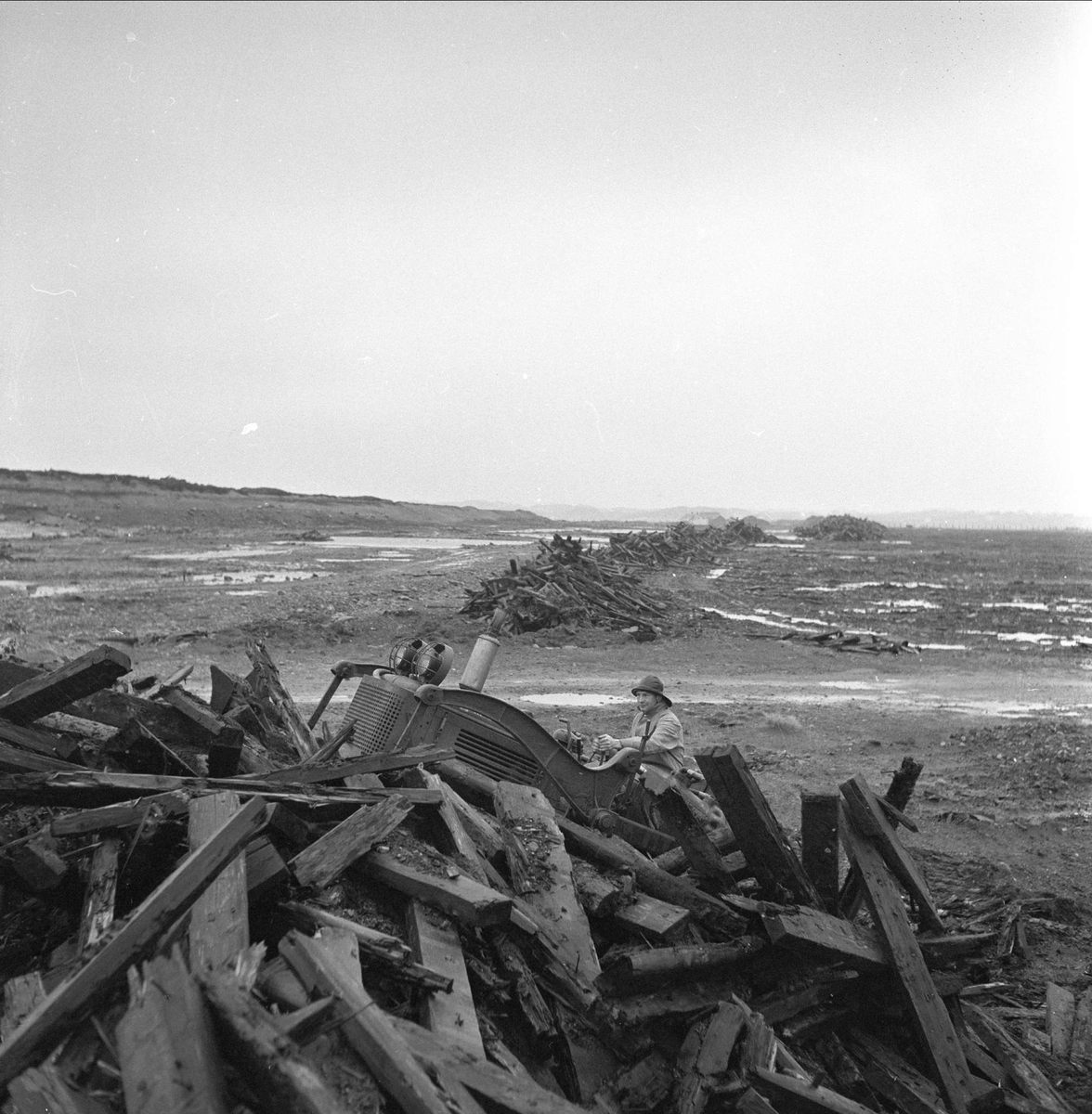 Gossen flyplass, Aukra, Møre og Romsdal, 10.11.1956. Landskap med plankehaug.