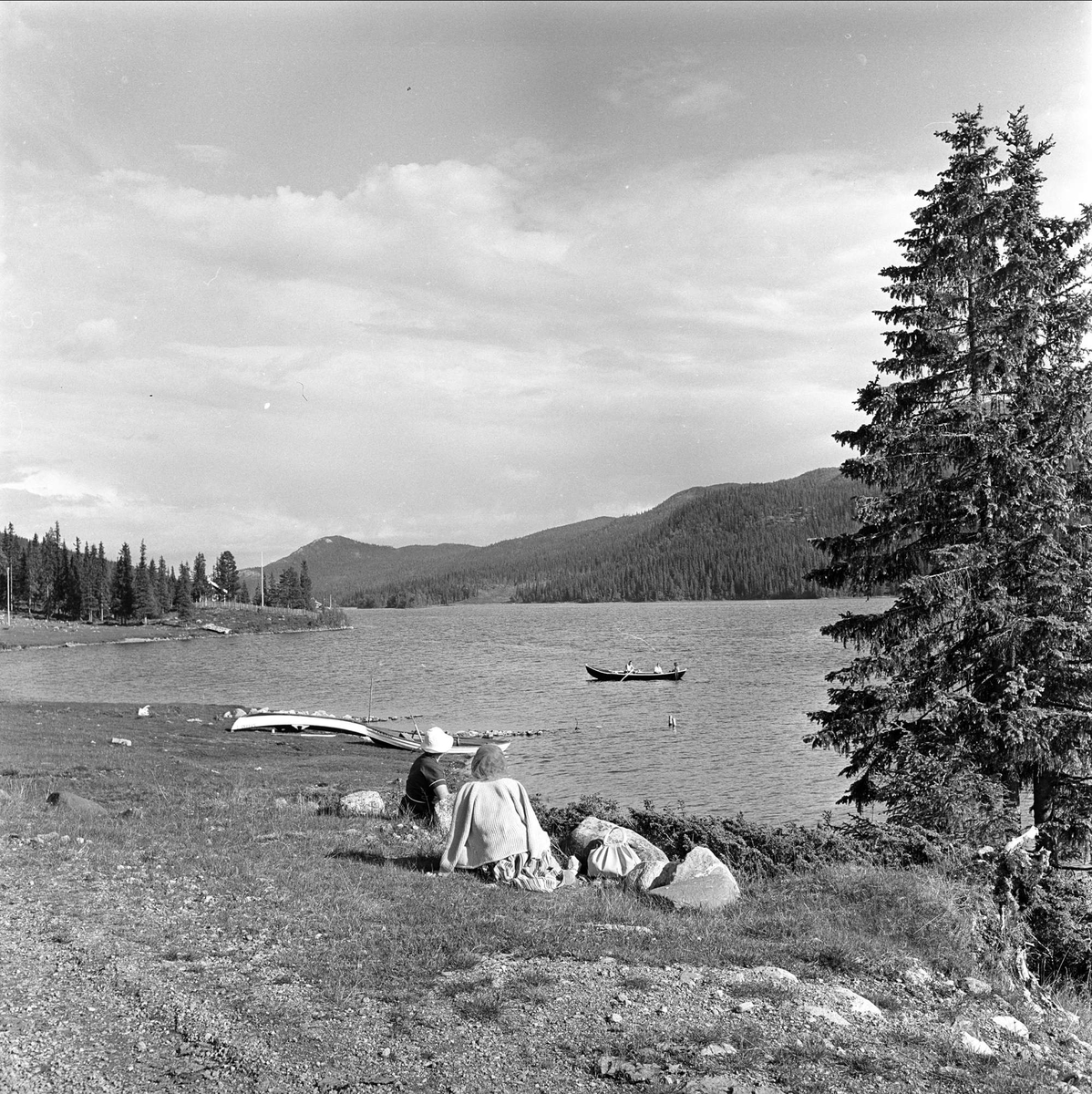 Nord-Fron, Oppland, 20.06.1961. Landskap, mennesker ved vann.