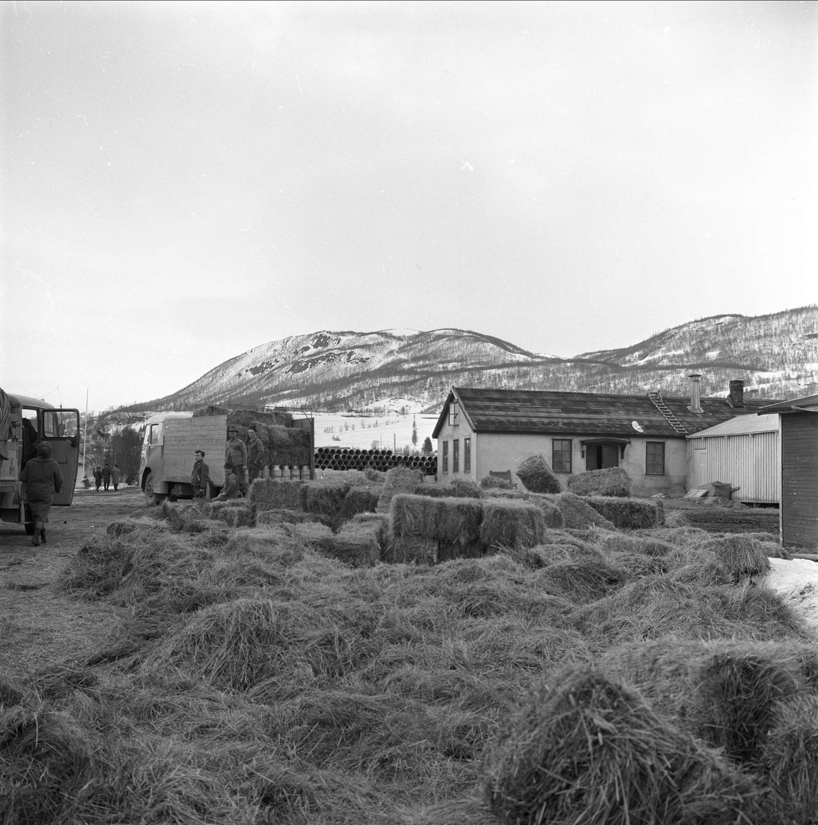 Tromsø, Troms, april 1963. Bygning, lastebiler og tønner.