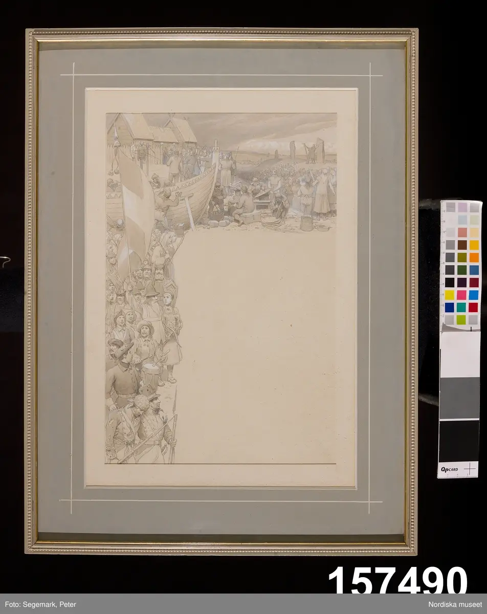 Huvudliggaren:
"Originalteckning till Fänrik Ståls sägner? Sign A. M.-m = August Malmström, i glas och ram. G. 5/8 1926 Fröken Zelma Kjellberg. Stockholm.
