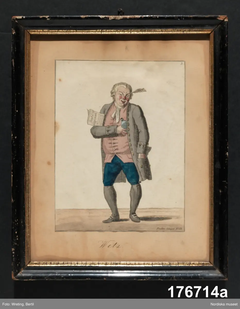 Huvudliggaren:
"Färgtryck. 25 st. Uppklistrade på gulnat papper inom glas och ram. Föreställa huvudpersonerna i Bellmans epistlar. Sända fr. 'Tre remmare' 1886 21/7."