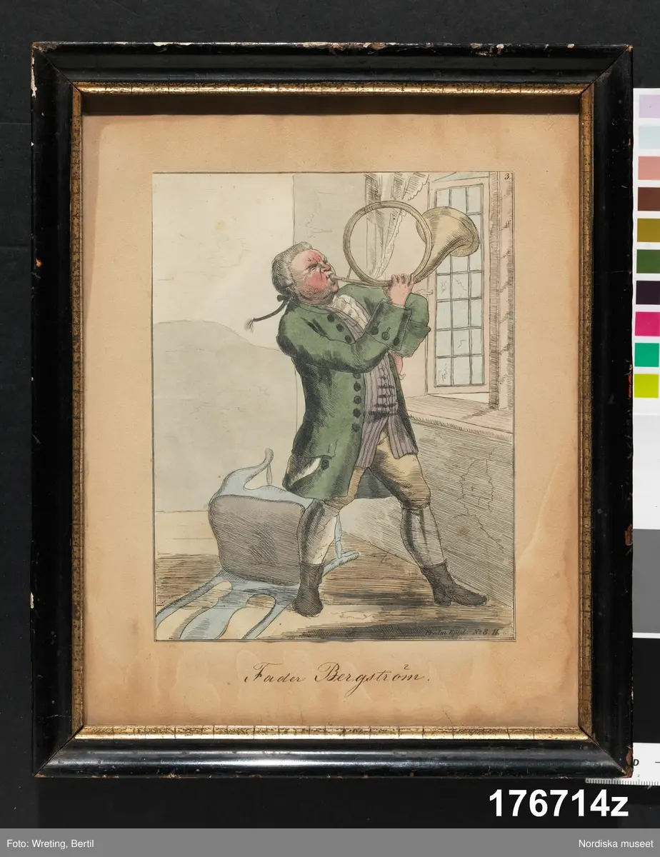 Huvudliggaren:
"Färgtryck. 25 st. Uppklistrade på gulnat papper inom glas och ram. Föreställa huvudpersonerna i Bellmans epistlar. Sända fr. 'Tre remmare' 1886 21/7."