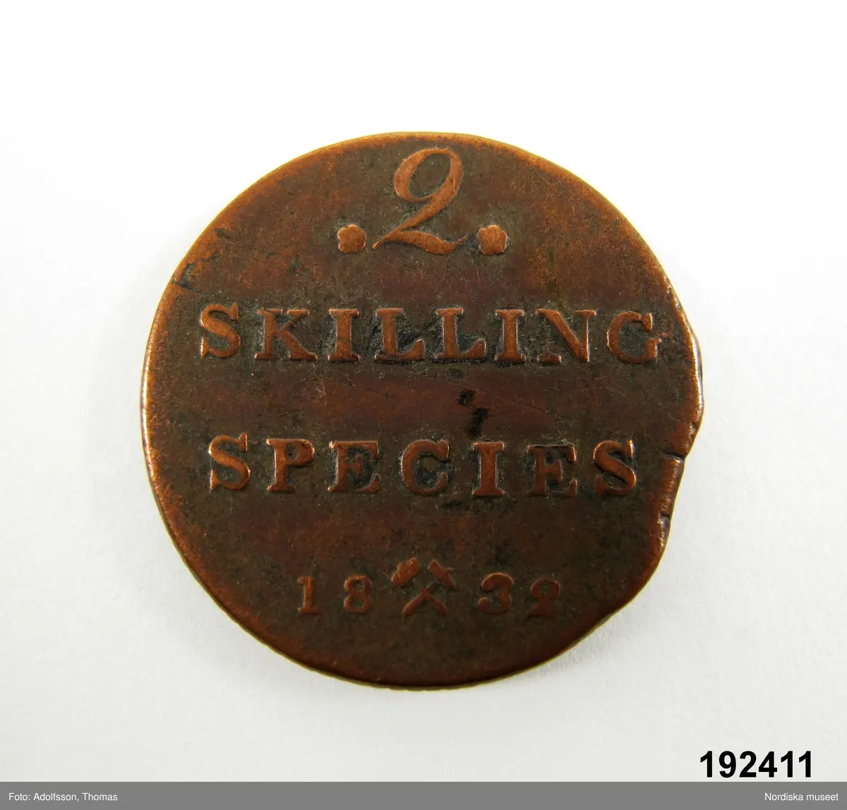 Mynt, 2 skilling, koppar, Karl XIV Johan, Norge, 1832.
/Ingrid Frankow 2008-03-11