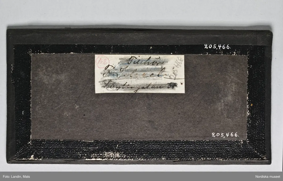 Dagerrotyp / daguerreotyp, handkolorerad stereoskopbild. Föreställer ung lättklädd kvinna, liggande på sidan.
På bakstycket påklistrad papperslapp med bläckskrift: 'Tillhör /F. Scheele/ Sibyllegatan 38' (överstruket m. blyerts). Med blyerts längre ned: "Daguerrotyp av Bergström Sthlm."
Nordiska museet inv.nr 205466
-
Reclining semi-nude. Ninth-plate tinted stereo daguerreotype w/ brass mat.