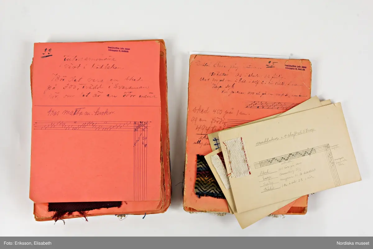 En samling vävprover med tillhörande vävnotor uppklistrade på 46 orange kartongblad samt 3 ofärgade mindre kartongblad, med text och vävnotor i skrivstil med bläck.
Några blad har enbart vävnotor utan vävprov medan det på andra finns två eller flera prover. Några  blad  innehåller olika vävnotor med prov på fram-och baksidan. Bladen stämplade överst : Hemslöjdsaffären Lydia Jansson, Folkungagatan 93, Stockholm.
15 blad har prover på möbeltyger, de flesta i halvylle med varp av bomulls-eller lingarn, ett fåtal helt i bomull. Några namngivna, t ex "Skoklosterväv" och "Säterdalsväv"
8 blad har prover på tunnare gardinvävar mest i bomull.
8 blad har vävnotor till mattor, de flesta utan prover. Det är mönster i dräll, rosengång rya, flossa och trasmattor.
5 blad har mönster till dukar och handdukar 
7 blad med mönster till klänningstyger, rutiga och randiga i bomull samt 2 prover på halvylleklänningar från 1860-talet. 2 av vävnotorna är till husmodersdräkten och till gillesdräkt. 
1 prov på grövre ylletyger, "ulstertyg" till kostymer och dräkt.
1 blad för draperityg i bomull
2 blad med prover utan angiven användning.
Tillsammans med dessa finns även 3 mindre vita kartongblad med vävnota och vävprov på blå-och vitrutigt skjorttyg, dammhandduk i korndräll samt tunn handduksväv i 4-skaft.
/Berit Eldvik 2010-03-15