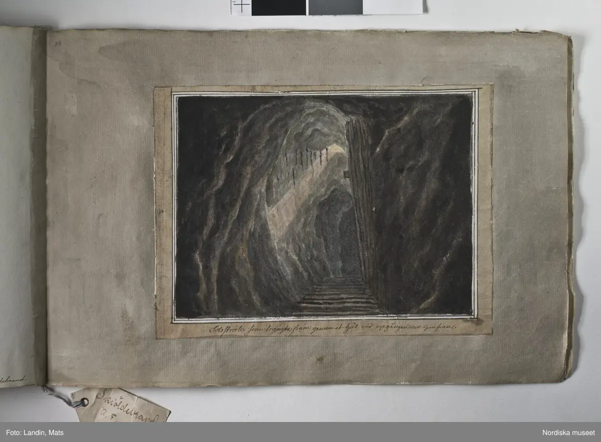 Album med titeln "Resan till Dalarna 1794". Akvareller utförda av greve Anders Fredrik Skjöldebrand (1757-1834) Falu koppargruva
