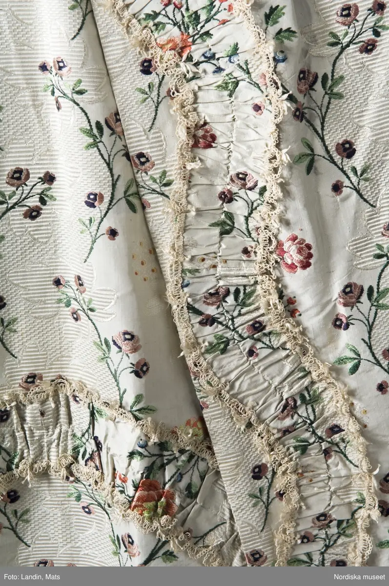 Dräkt av sidenbrokad, 1700-talets mitt. Nordiska museet inv nr 173609.