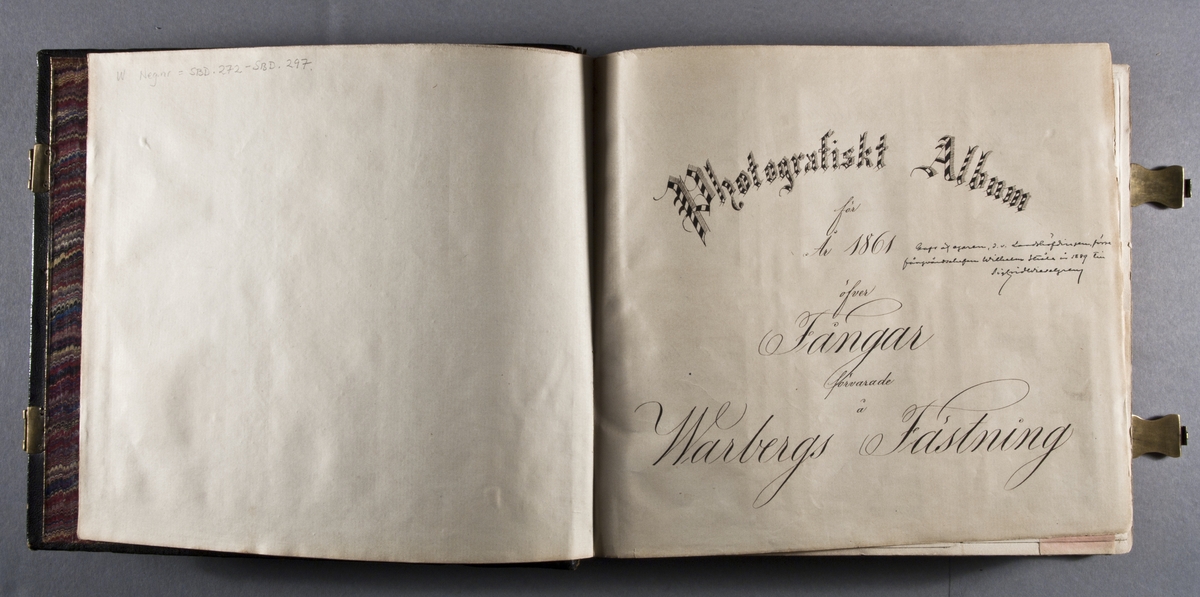 "Photografiskt Album för år 1861 öfver fångar förvarade å Warbergs fästning".  Samt i samma album : "Photografiskt Album för år 1861 öfver fångar förvarade å Landskrona fästning".