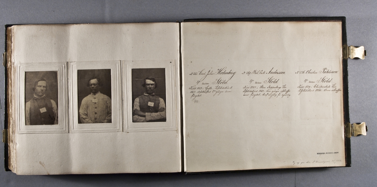 "Photografiskt Album för år 1861 öfver fångar förvarade å Warbergs fästning".  Samt i samma album : "Photografiskt Album för år 1861 öfver fångar förvarade å Landskrona fästning".
