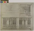 Ritning på väv över Nordiska museets huvudbyggnad. Mittenpartiets trapptorn. Långfasad, kortfasad och bakfasad. Fasad. Trapptorn, mittpartiet. 70x82 cm. Tusch, rött, grått, brunt, gult och blyerts. Linjalritning, fri hand. I Gust Clason 31 Juli 1902.