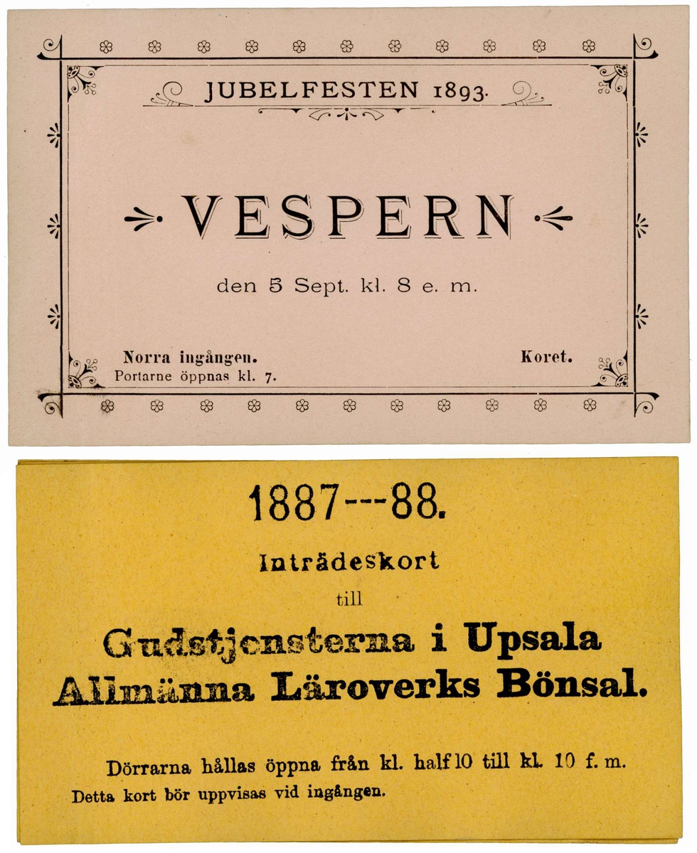 Nio inbjudningskort och inträdeskort från åren 1887-1904.