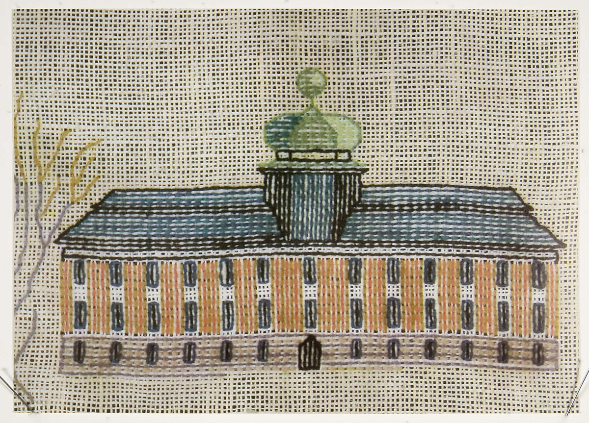 8 stycken fotograferade vykort med broderade motiv av kända byggnader i Uppsala.

Mått: Tre stycken vykort, bredd 26 cm, höjd 16,8 cm. Fem stycken vykort, bredd 21 cm, 14,6 cm.