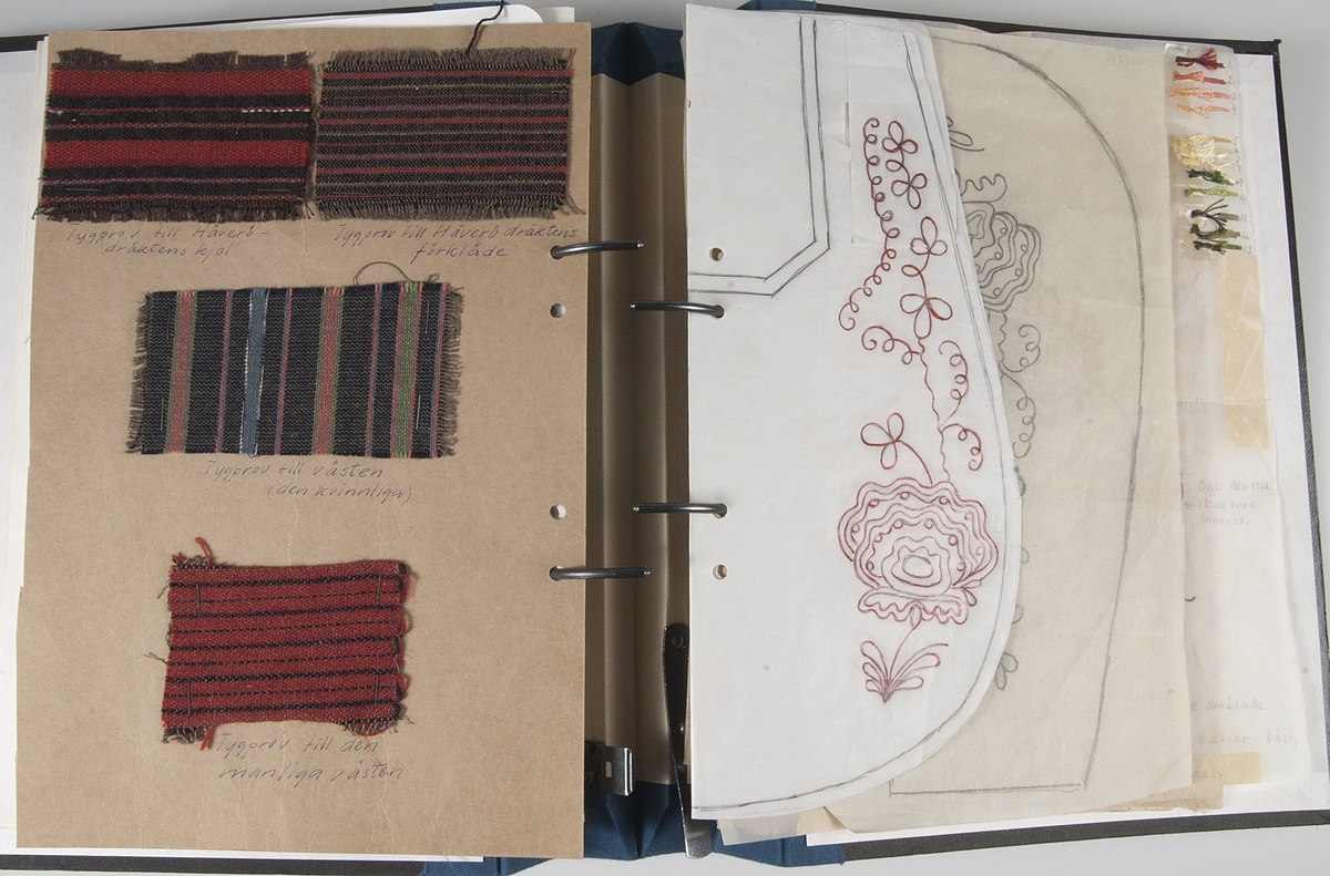 Arbetsritningar, skisser, vävprov med mera. På en del av dessa finns påskrift som anger att de är till Olandsdräkten eller till Häverödräkten.