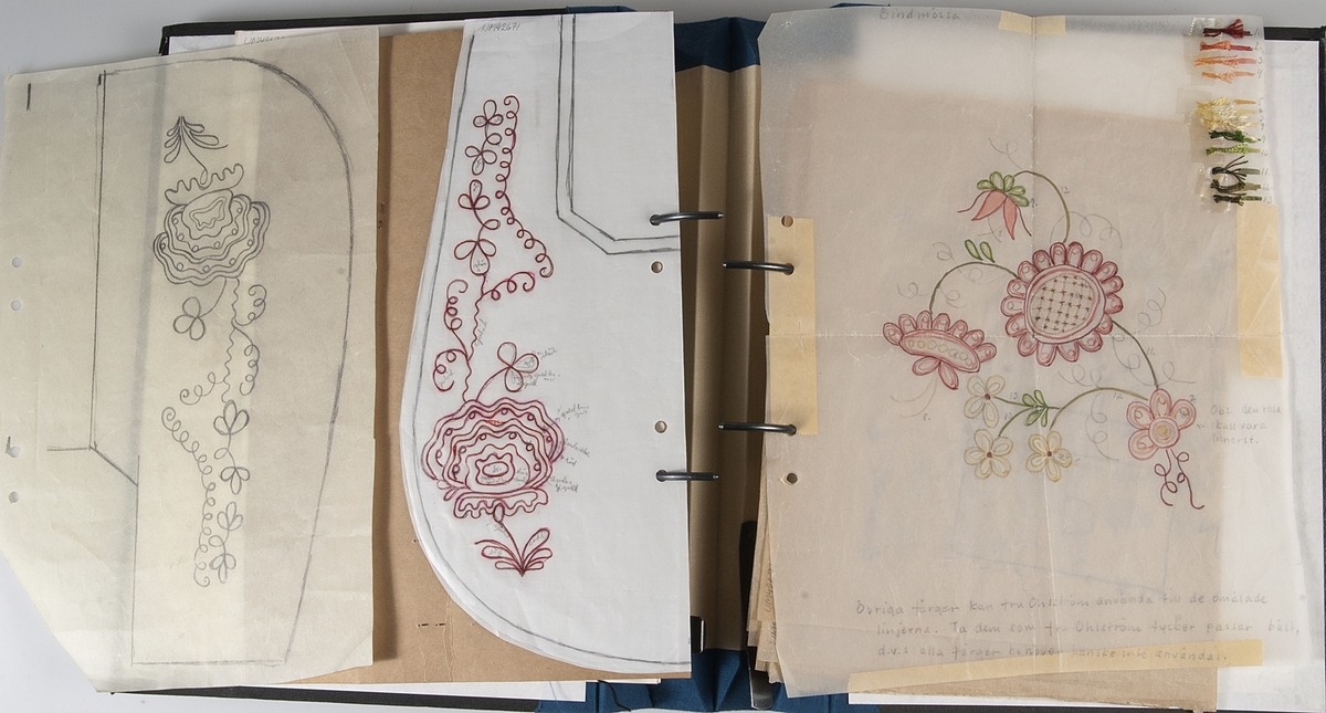 Arbetsritningar, skisser, vävprov med mera. På en del av dessa finns påskrift som anger att de är till Olandsdräkten eller till Häverödräkten.