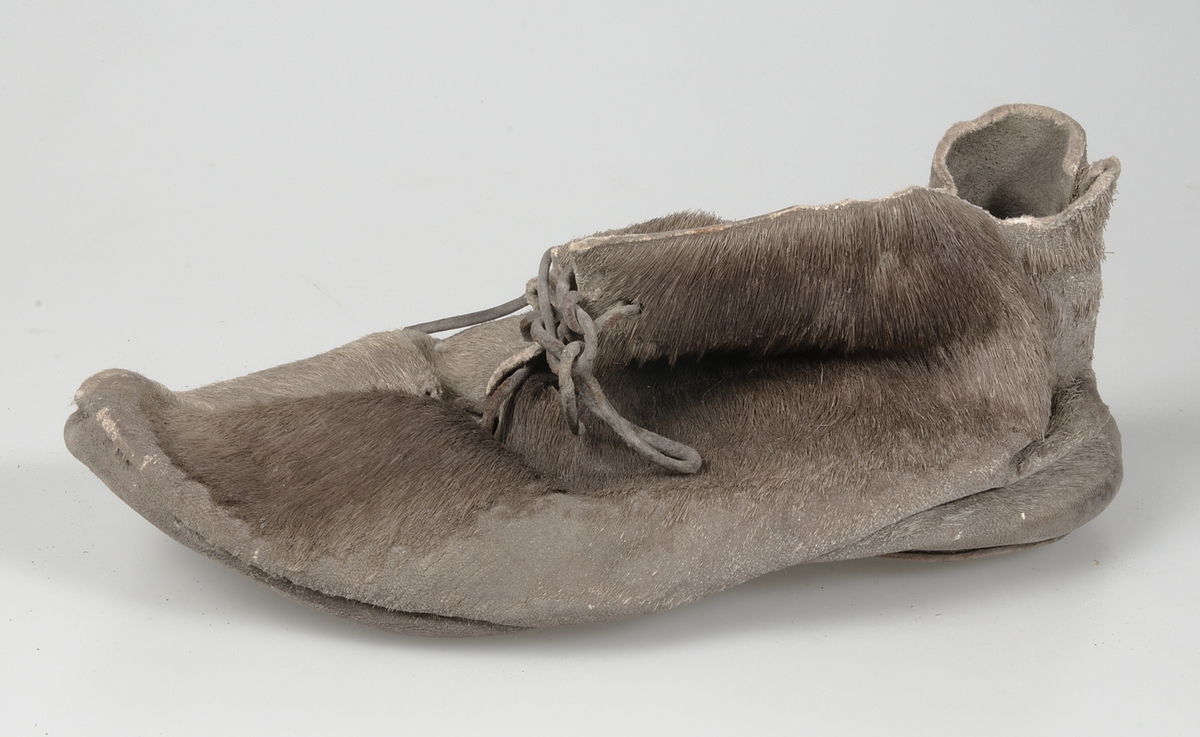 Känga tilllverkad av sälskinn som tillverkats i flera stycken. Sulan är förstärkt vid hälen av amma typ av skinn som övriga skon. Kängan stängs med hjälp av skinnremmar. Hårsidan utåt.