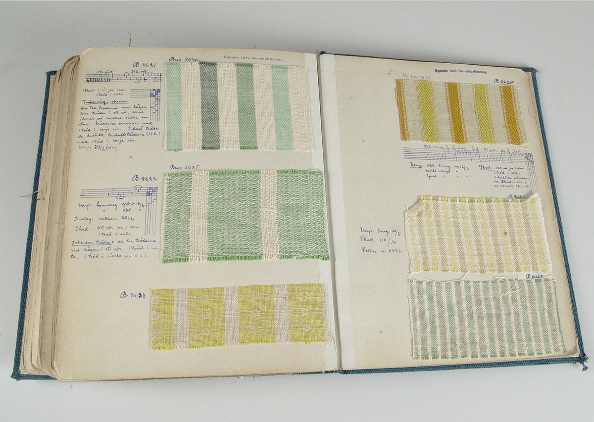 Pärm med vävprov av främst gardiner, men även andra inredningstextilier. Vävproven är klistrade på pappskivor. Vid många av vävproven finns information om material och vävning. De flesta av vävproven är märkta med B-nummer och är förtecknade i liggaren "KATALOG ÖVER NYTILLVERKNINGAR".