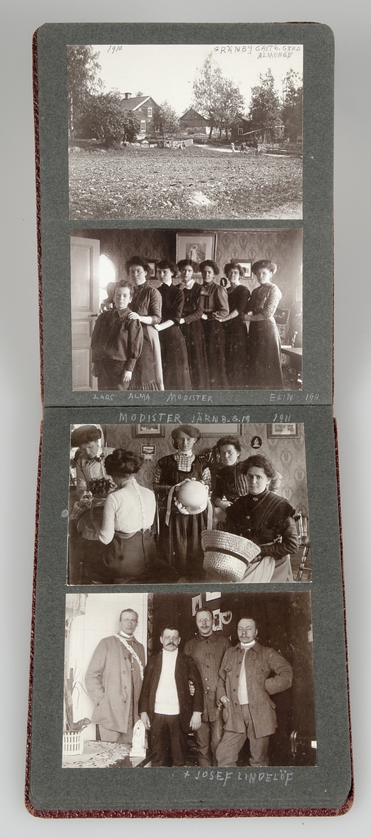 Rött album innehållande småbilder, bl.a. föreställande systrarna Alma och Elin Laurén, deras hem och ateljé på Järnbrogatan, modister som arbetade i systrarnas ateljé och flera motiv med systrarna eller modister iförda olika hattkreationer. Bilder även från Almunge och Alsike.