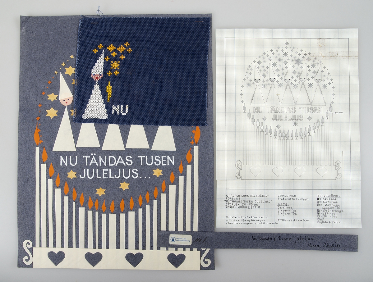 Arbetsmaterial till broderierna "Tomteskogen", "Kungsängsliljan", "Hjärtans fröjd" och "Nu tändas tusen juleljus". Se även tillhörande kopieringsunderlag till mönstrena: UM43095b och UM43095c.

Arbetsmaterialet består av tre skisser i form av collage, en akvarellskiss, två broderiprov med korstygnsbroderier, ett prov av linneväv och fyra broderimönster. I materialet anges att kompositionerna är gjorda av Monia Westin.
