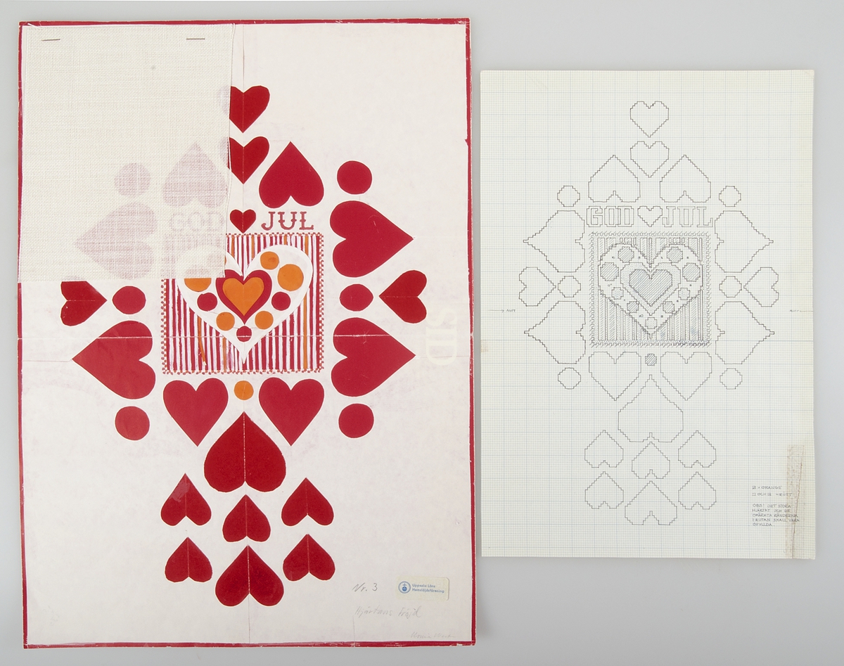 Arbetsmaterial till broderierna "Tomteskogen", "Kungsängsliljan", "Hjärtans fröjd" och "Nu tändas tusen juleljus". Se även tillhörande kopieringsunderlag till mönstrena: UM43095b och UM43095c.

Arbetsmaterialet består av tre skisser i form av collage, en akvarellskiss, två broderiprov med korstygnsbroderier, ett prov av linneväv och fyra broderimönster. I materialet anges att kompositionerna är gjorda av Monia Westin.