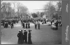 Kabinettsfotografi - folkvimmel och festligheter i Botaniska trädgården nedanför Uppsala slott, Uppsala 1903