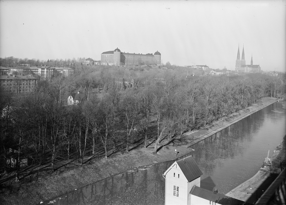 Vy från Upsala Ångqvarns AB mot Stadsträdgården, Akademiska sjukhuset  och Uppsala slott, Uppsala 1950