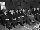 Statsminister Tage Erlander samt kronprinsparet Gustav Adolf och Louise vid Uppsala studentkårs 100-årsjubileum i Rikssalen på Uppsala slott 1949